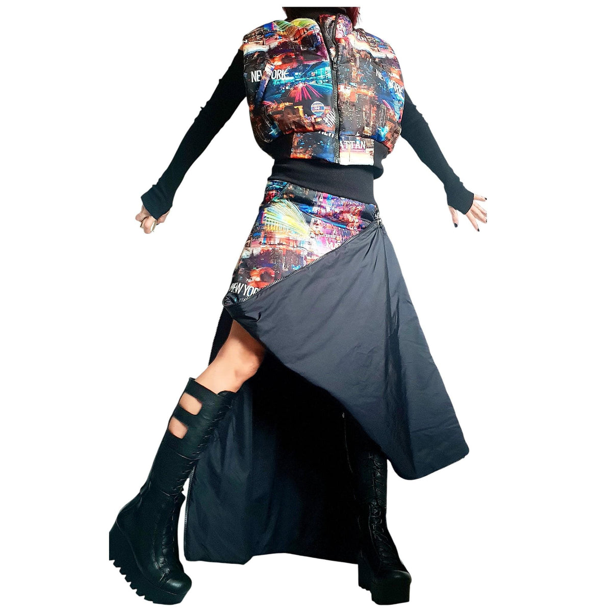 Asymmetric Winter Skirt, New York City Print, Gothic Style A-Line Skirt