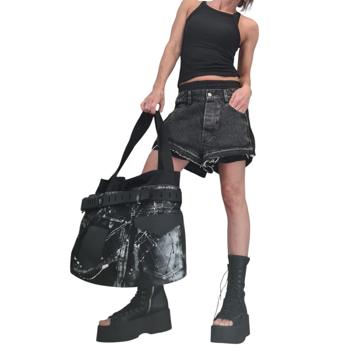 Oversized Denim Tote, Avant-Garde Spray-Painted Jean Purse, Extravagant Shoulder Bag