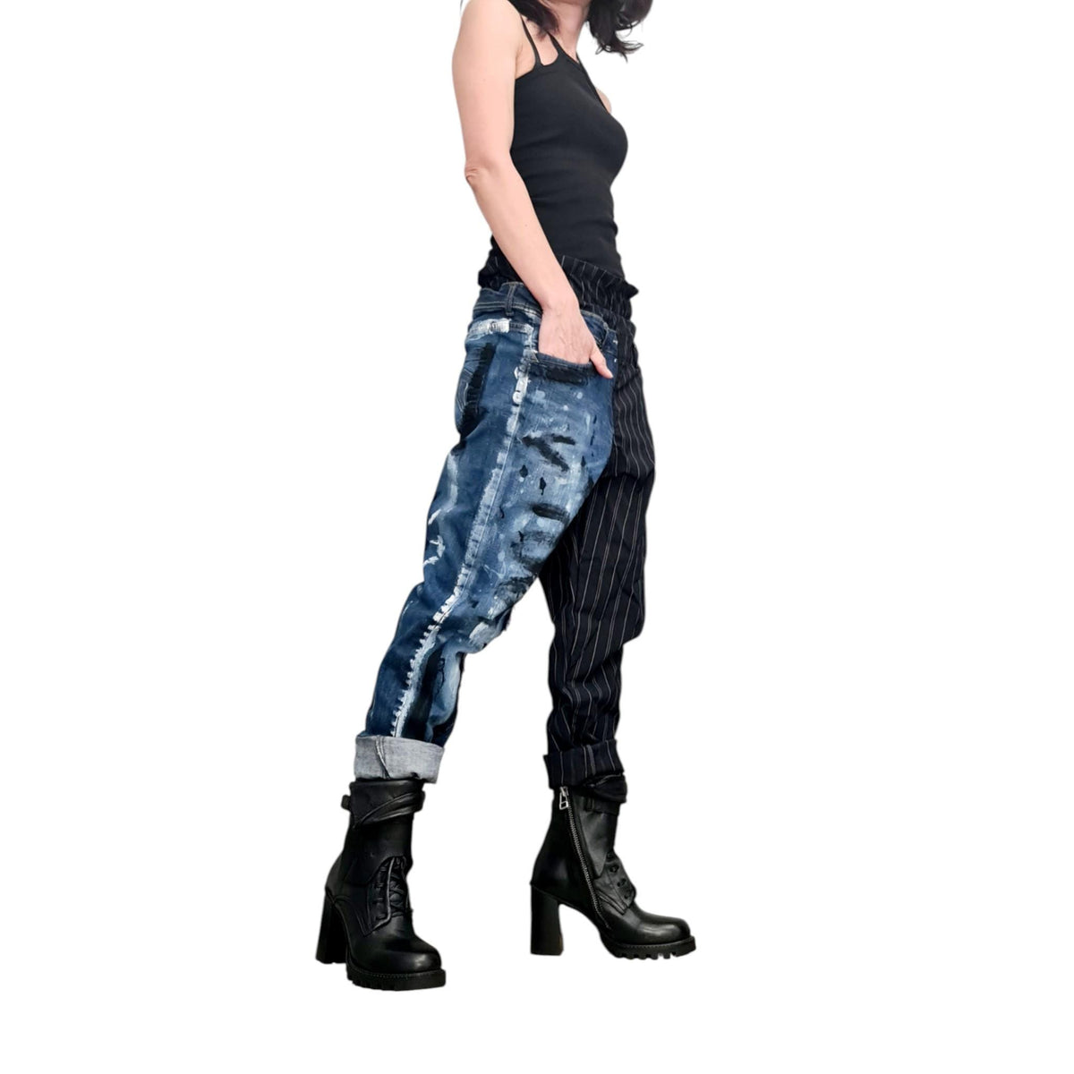 Asymmetric Patchwork Denim Pants, Mixed Fabric Trousers, Paint Splatter