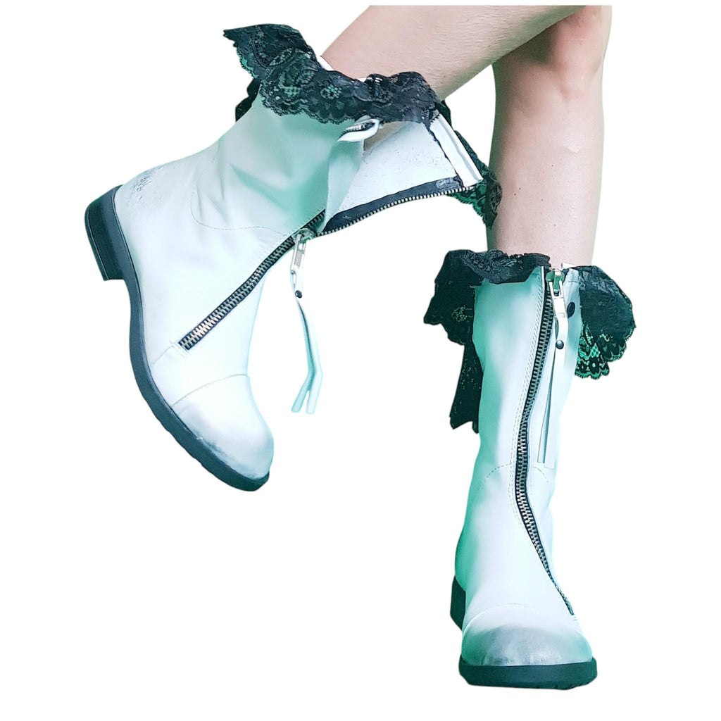 White Leather Closed Toe Ankle, Handmade Lace Wedding Shoes, Winter Boots for Women