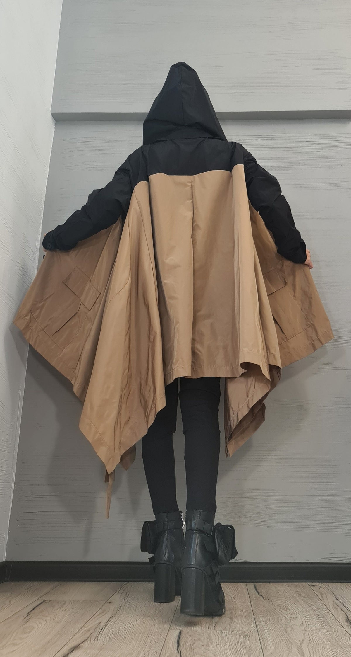 Beige and Black Asymmetrical Hooded Trench Coat, Deconstructed Design, Oversized Patch Pockets