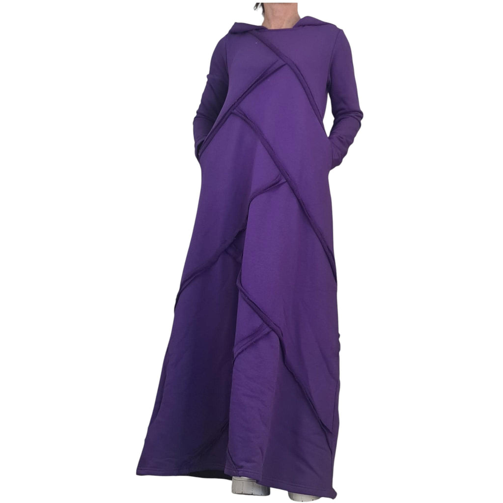 Dark Purple Hooded Maxi Dress Long Sleeve Avant Garde Handmade Womens Clothing