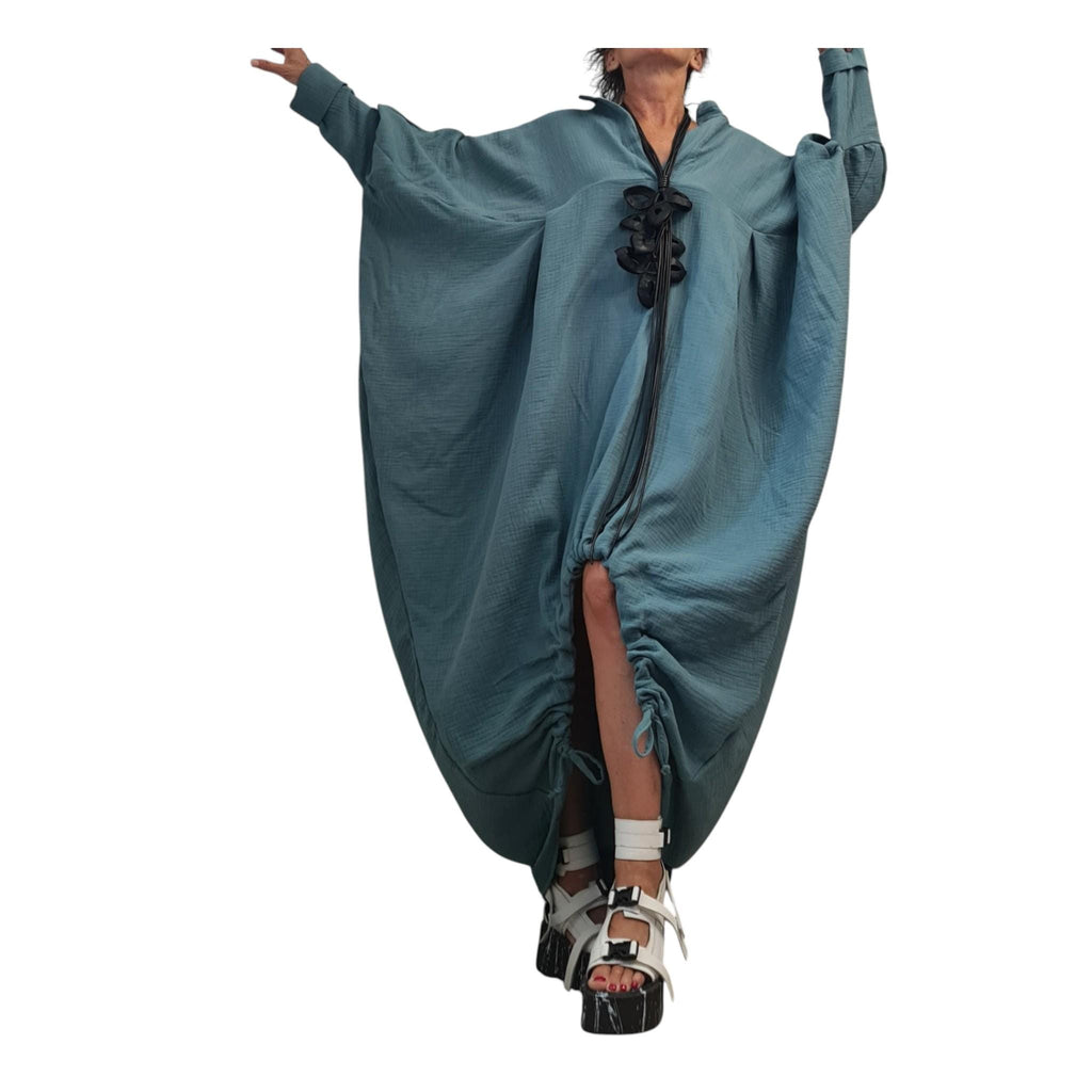 Dusty Teal Muslin Maxi Dress, Double Gauze, Oversized Cotton Kaftan, Boho Loungewear, Plus Size