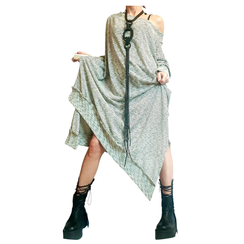 One Shoulder Maxi Dress: Striped Knit Oversize (Plus Size XS-5XL)