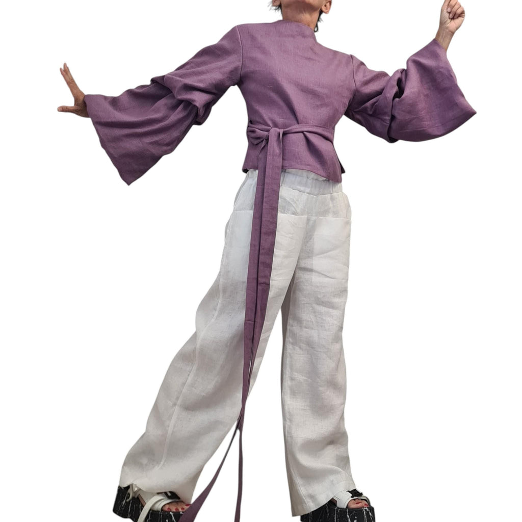 Lavender Linen Wrap Blouse, Reversible Top, Balloon Sleeves, Tie Waist, Oversized Fit, V Neck
