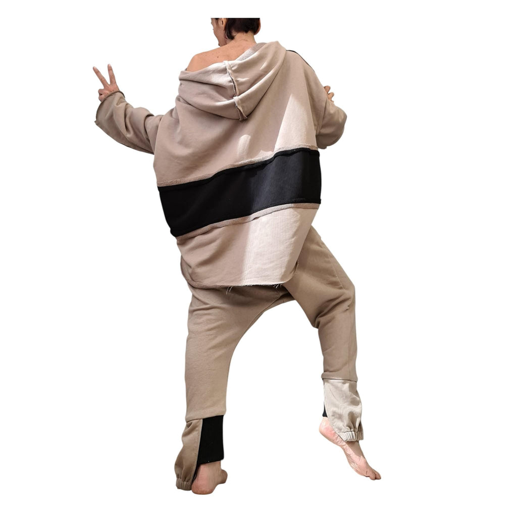 Beige Cotton Drop Crotch Harem Pants, Oversized Long Sleeve Hooded Top, Travel Co-Ord Set