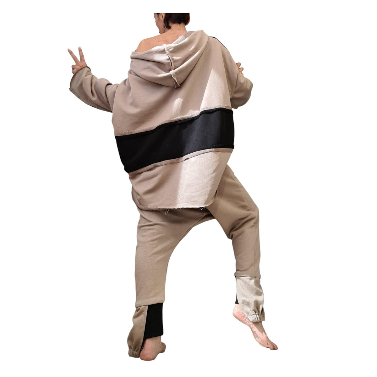 Beige Cotton Drop Crotch Harem Pants, Oversized Long Sleeve Hooded Top, Travel Co-Ord Set