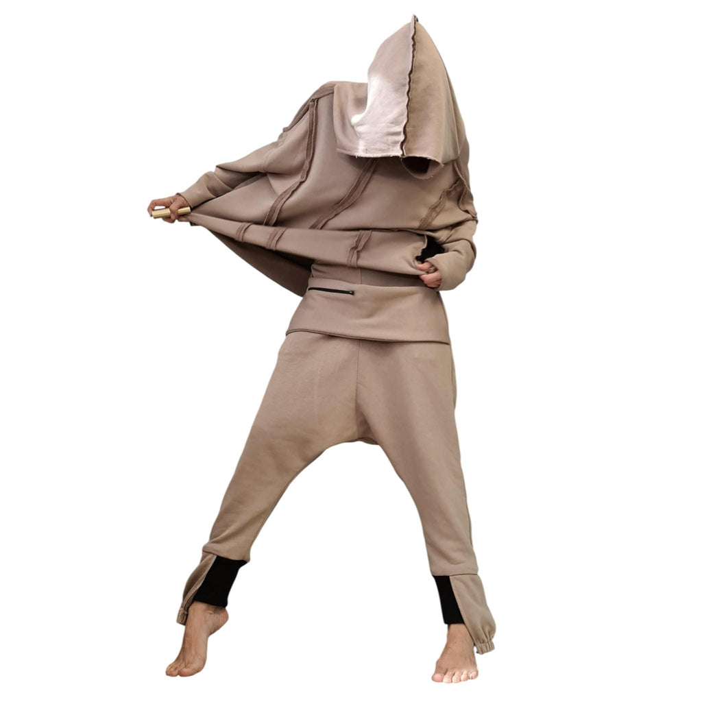 Beige Cotton Drop Crotch Harem Pants, Oversized Long Sleeve Hooded Top, Travel Co-Ord Set
