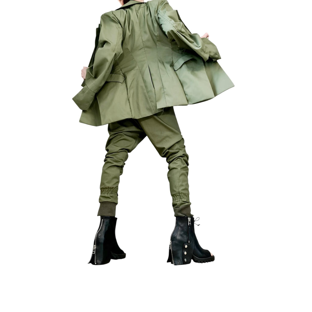 Olive Green Tailored Cargo Pants, Structured Double-Lapel Longline Blazer, Flared Cuffs, Military Co-Ord Set