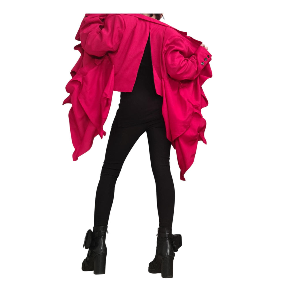 Red Linen Asymmetric Jacket, Open Back Short, Long Front Ruched Design, Avant Garde Blazer