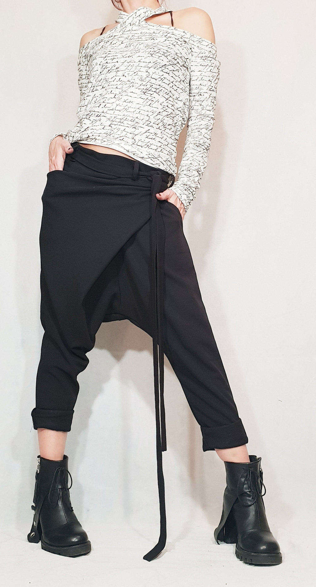 Black Harem Pants, Wrap Front, Tapered Leg, Drop Crotch