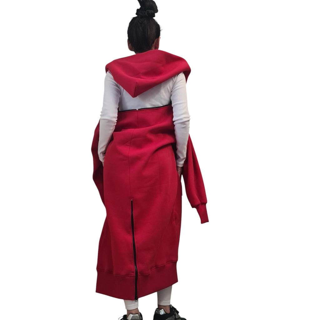 Red Convertible Cotton Maxi Hoodie Dress, Detachable Puff Sleeves, Full Zip Front, Plus Size