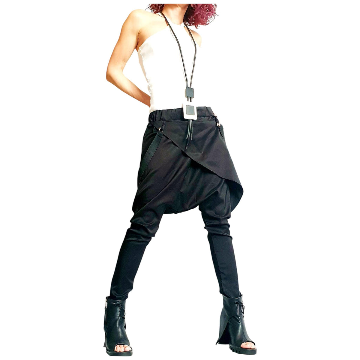 Black Drop Crotch Pants, Apron Panel Trousers, Tapered Leg