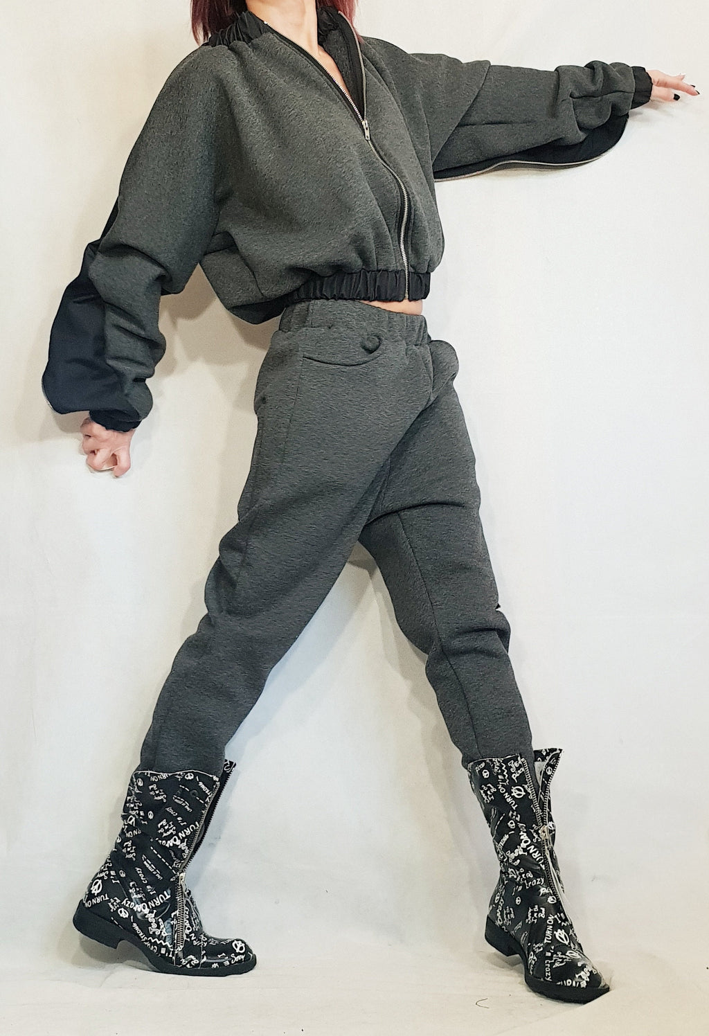 Grey Cotton Drop Crotch Pants, Asymmetrical Cropped Jacket, Black Contrast Panels, Two-Piece Co-Ord Set