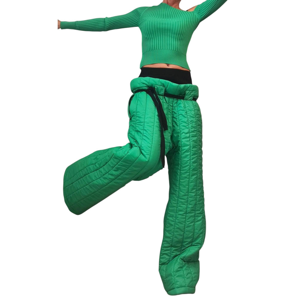Green Quilted Pants, Wide Leg High Waist Trousers