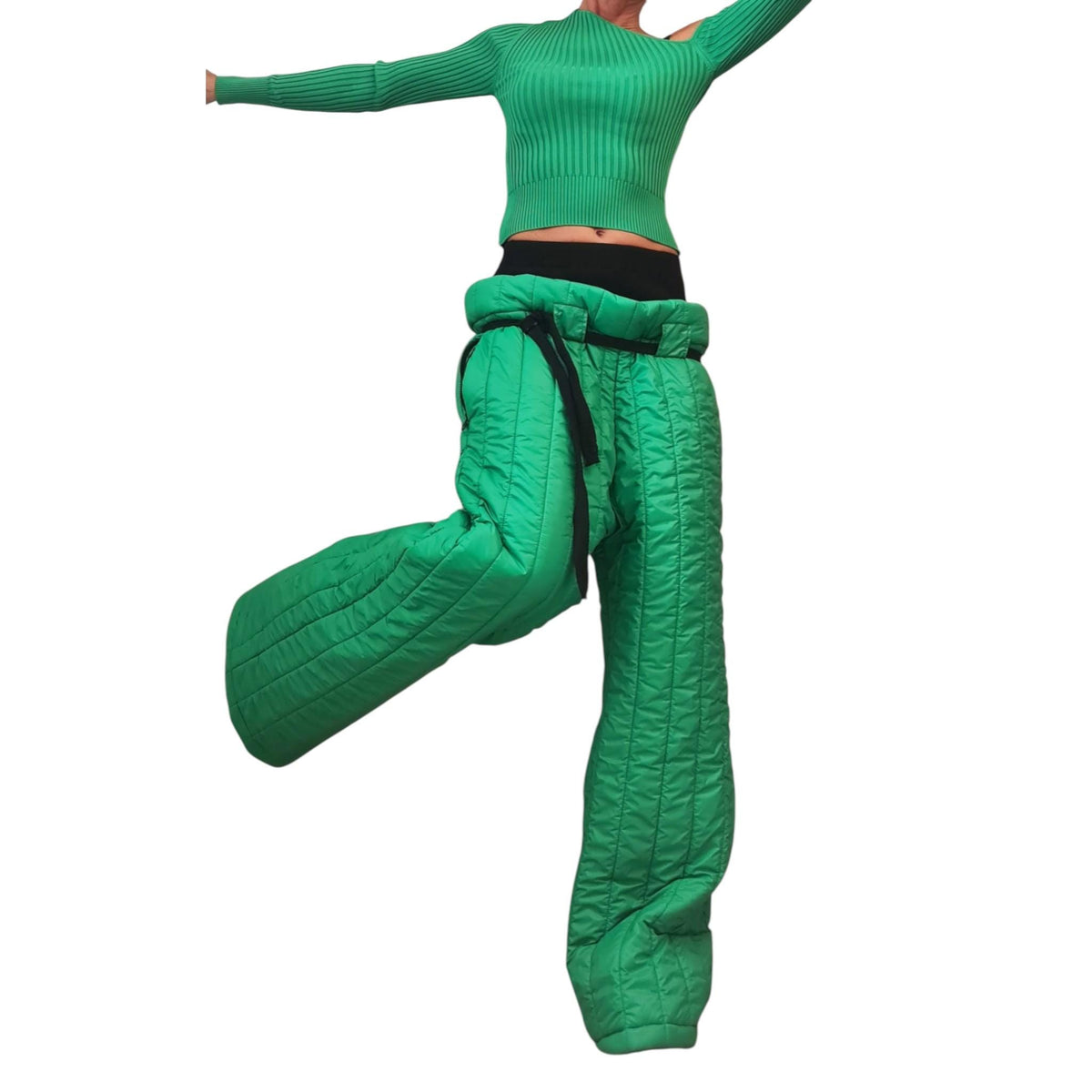 Green Quilted Pants, Wide Leg High Waist Trousers