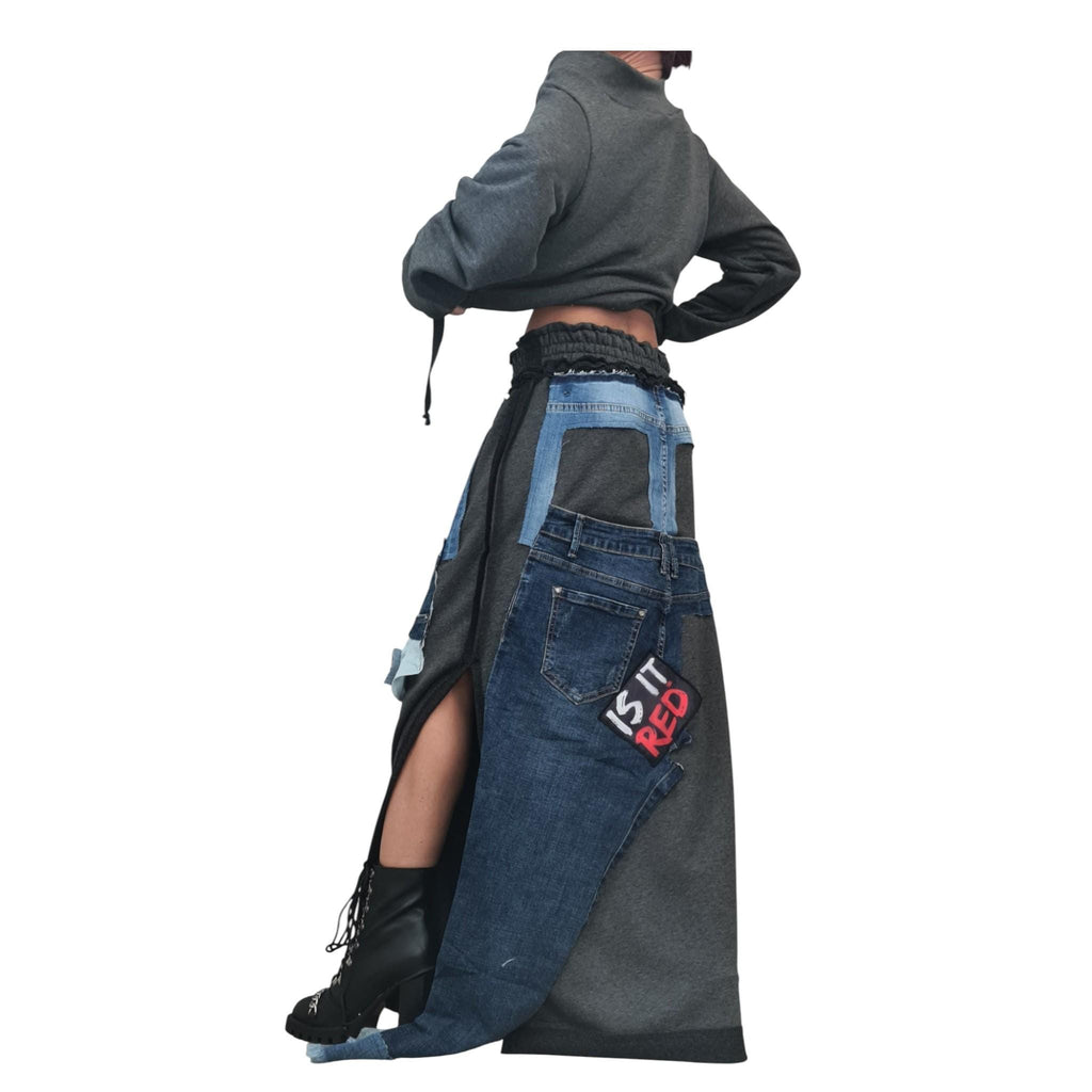 Cotton Denim Asymmetric Skirt Set, Deconstructed Women Costume, Extravagant Design