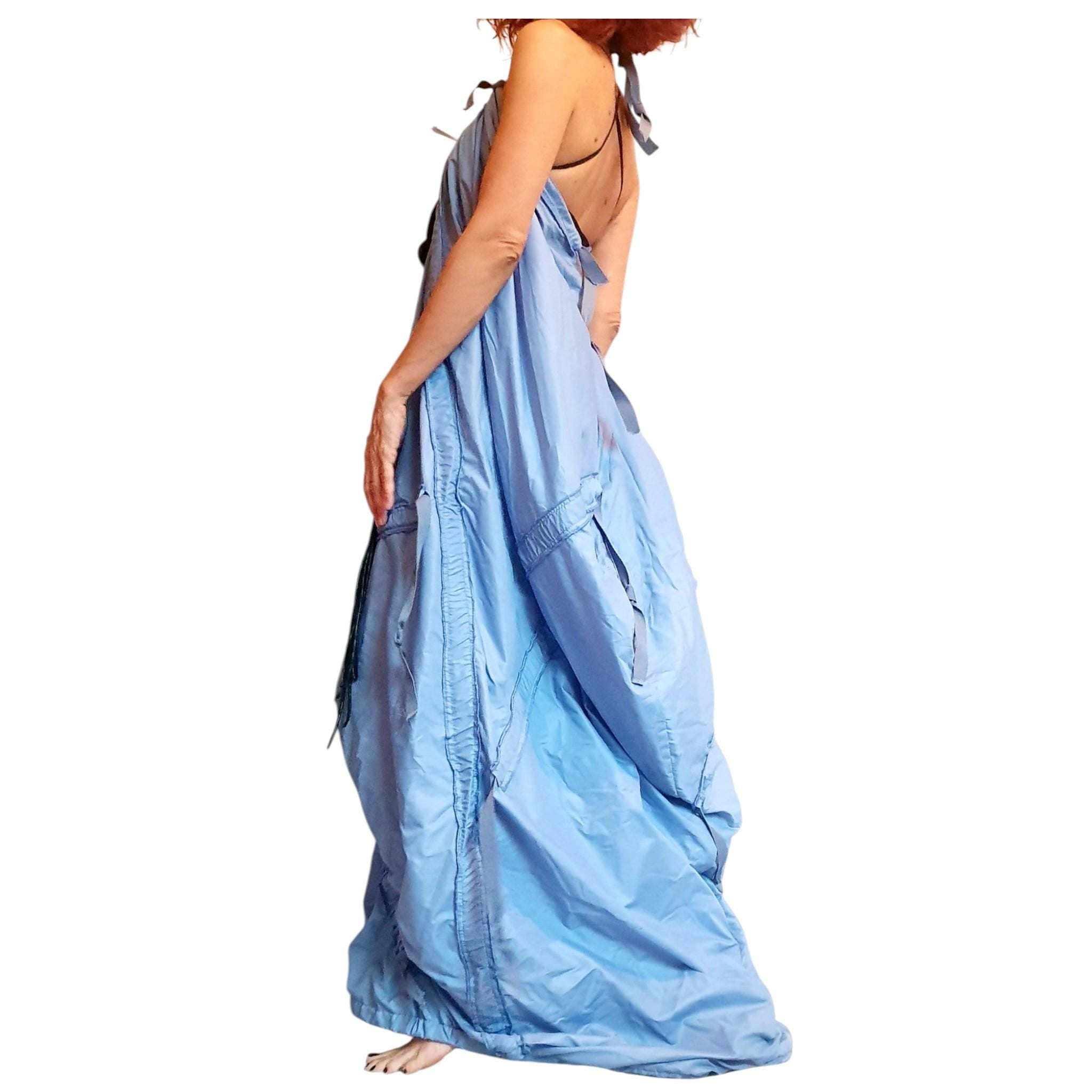 Light Blue Taffeta Dress, Backless Asymmetrical Maxi Dress with Adjustable Length for Women