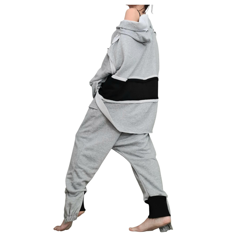 Grey Black Cotton Drop Crotch Harem Pants, Oversized Hooded Top, Plus SizeCo-Ord Set