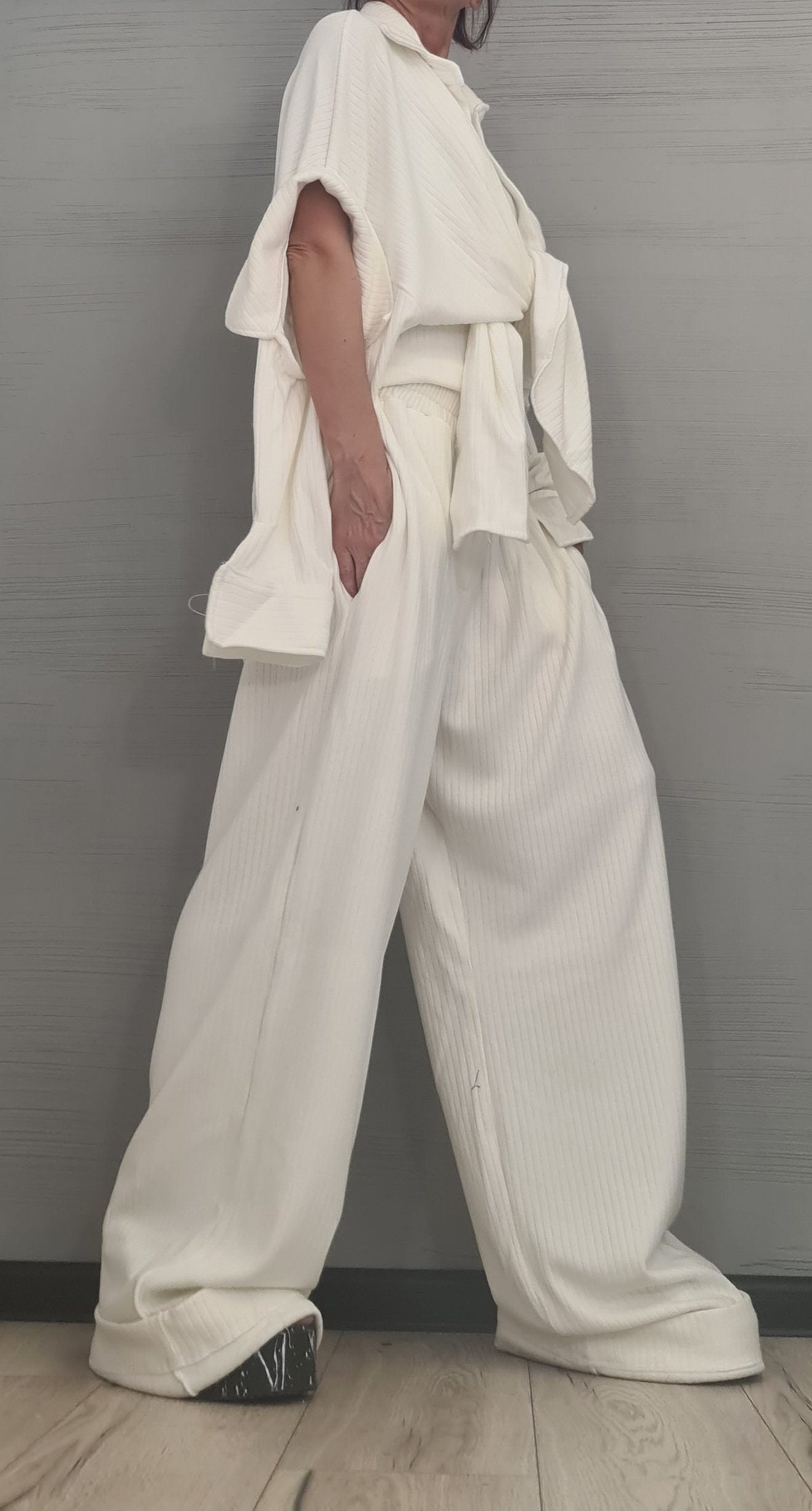 Ivory Cotton Wide Leg Pants, Sleeveless Top, Deconstructed Shirt, Three-Piece Co-Ord Set, Plus Size