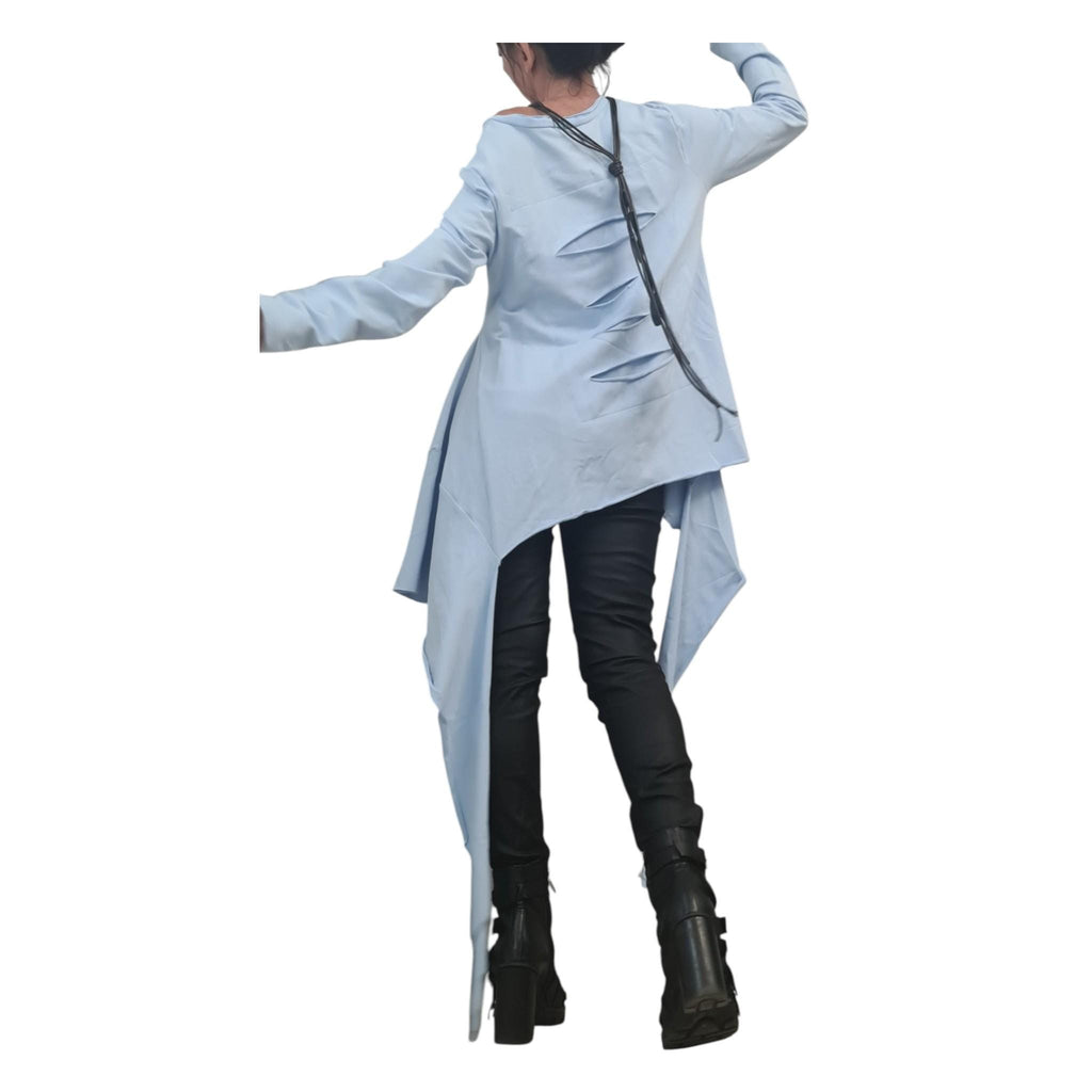 Avant Garde Light Blue Cotton Tunic, Deconstructed Asymmetric Top, Loose Oversize Blouse, Long Sleeve