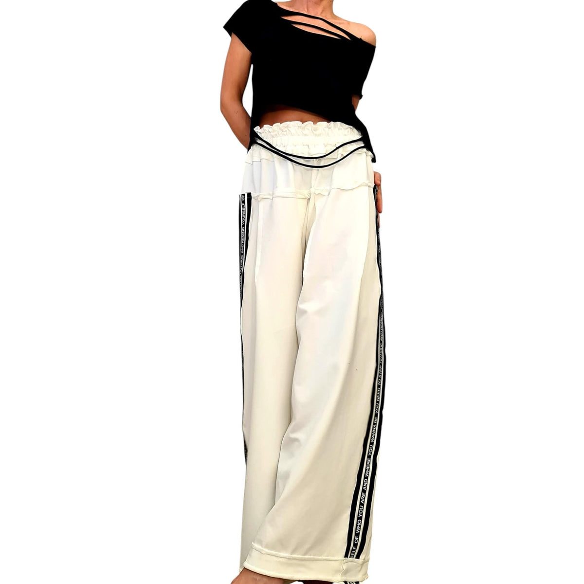 Ivory French Terry Wide Leg Pants, Relaxed Cotton Trousers, Elastic Waist