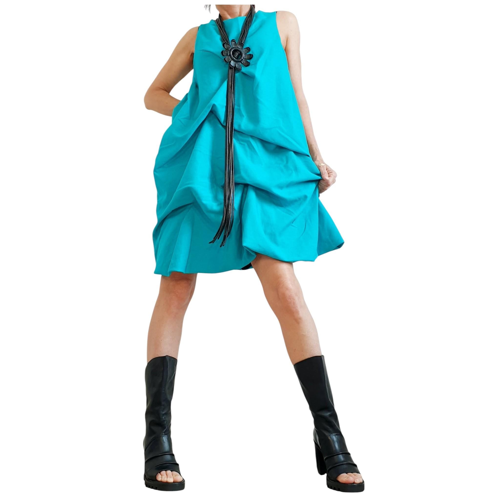 Turquoise Linen Dress for Women, Sleeveless Asymmetric Loose Fit, Avant Garde Handmade Clothing