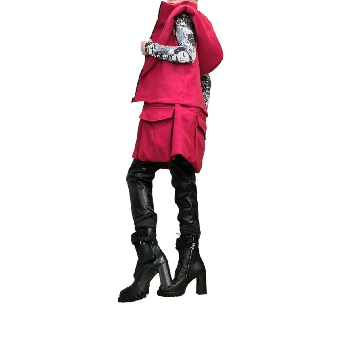 Red Long Hooded Vest, Sleeveless Winter Jacket, Oversized Cargo Pockets