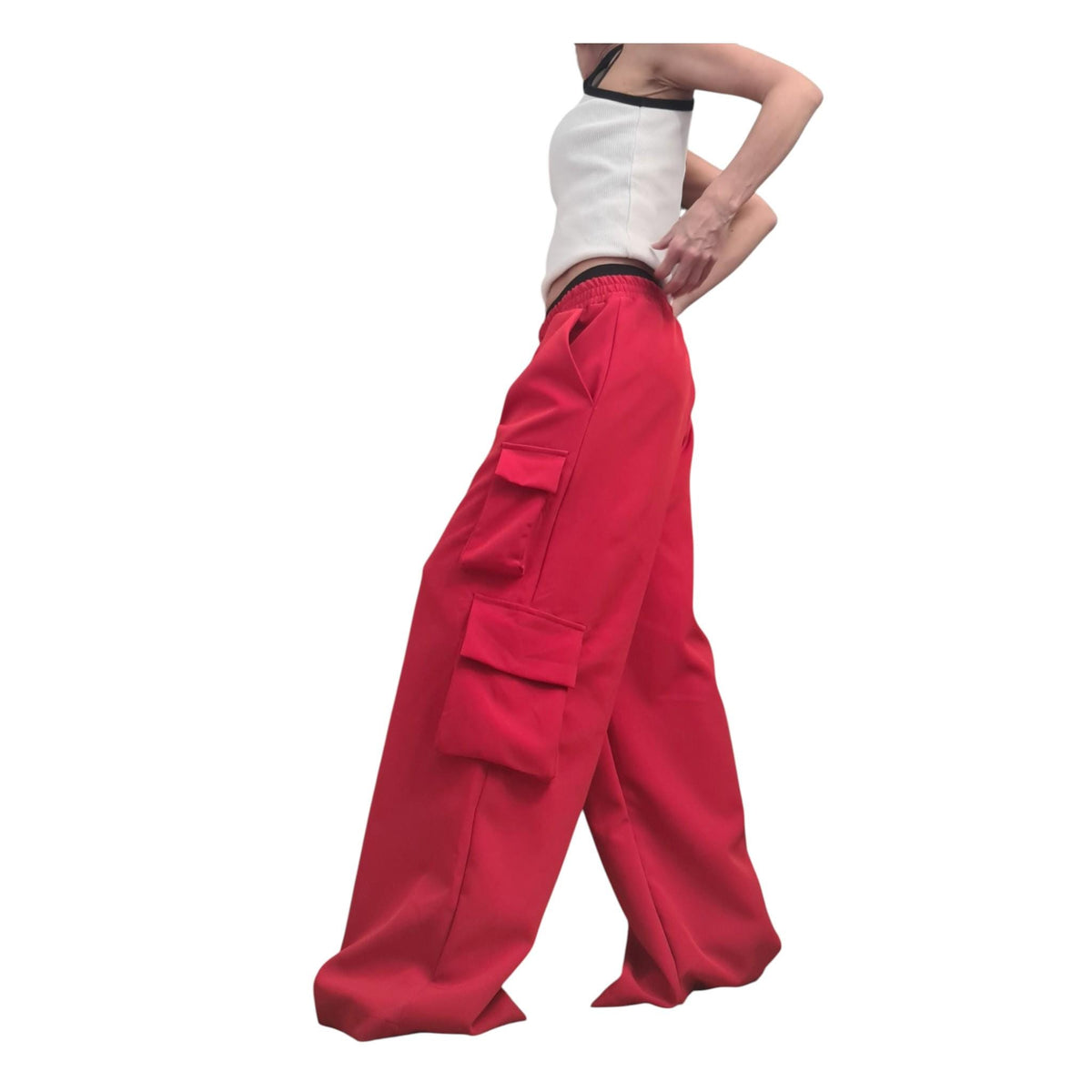 Red Cargo Trousers, Wide Leg, High Waist, Designer Bottoms