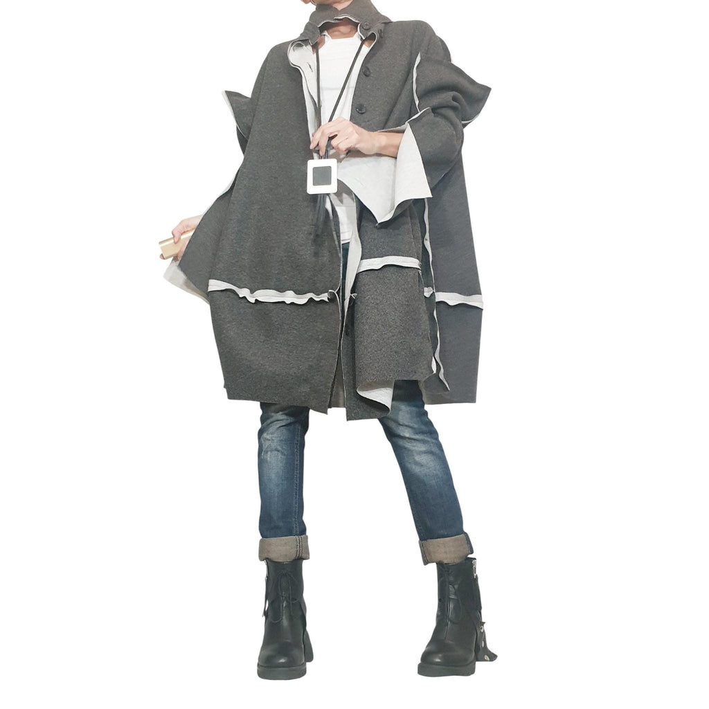 Grey Oversized Cape Coat, Asymmetric Hem, Wide Sleeves, Button Front, Contrast Trim, Plus Size