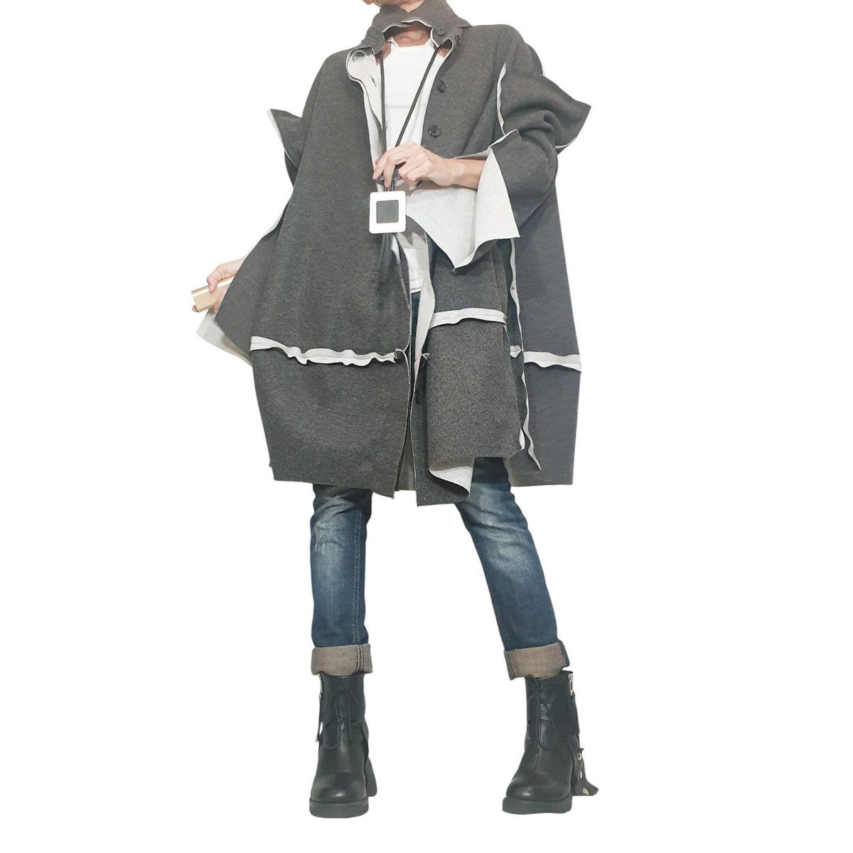 Grey Oversized Cape Coat, Asymmetric Hem, Wide Sleeves, Button Front, Contrast Trim, Plus Size