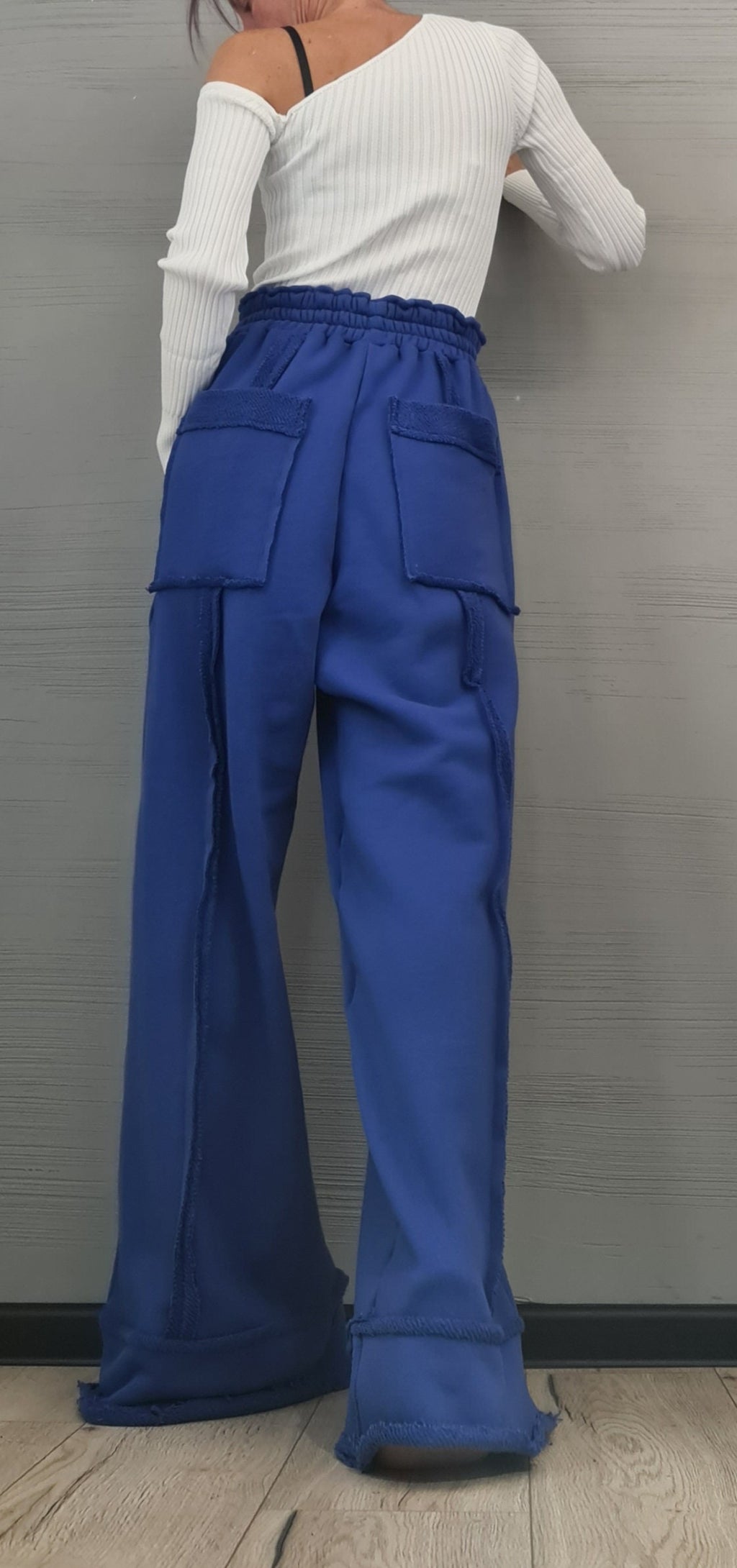 Royal Blue Cotton Pants, French Terry Wide Leg, Drop Crotch Trousers, Plus Size