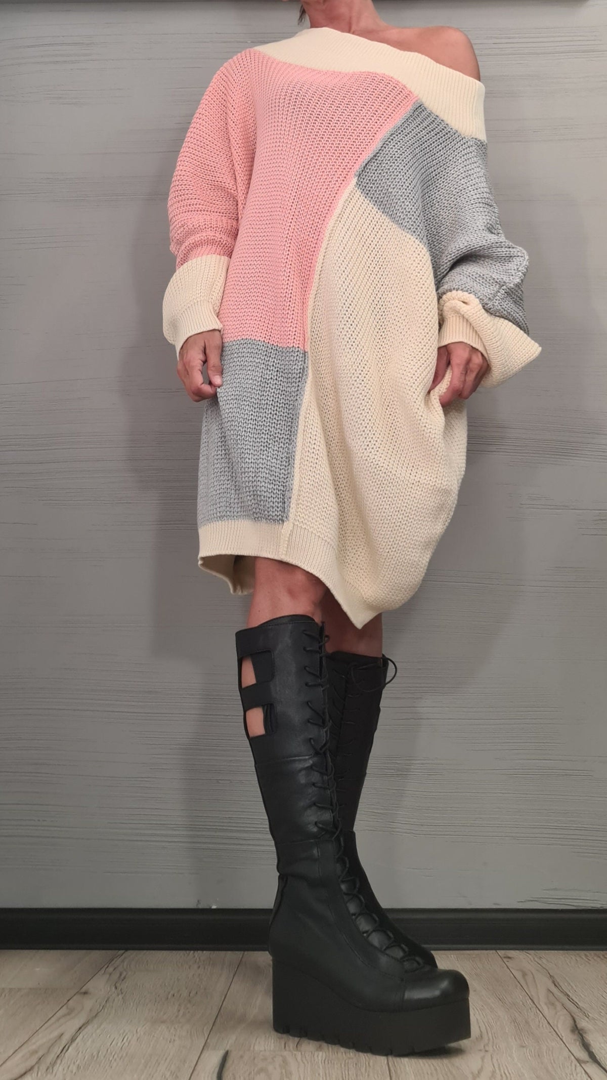 Dusty Rose Color Block Asymmetric Knit Tunic, Oversized Off Shoulder Sweater, Plus Size Top