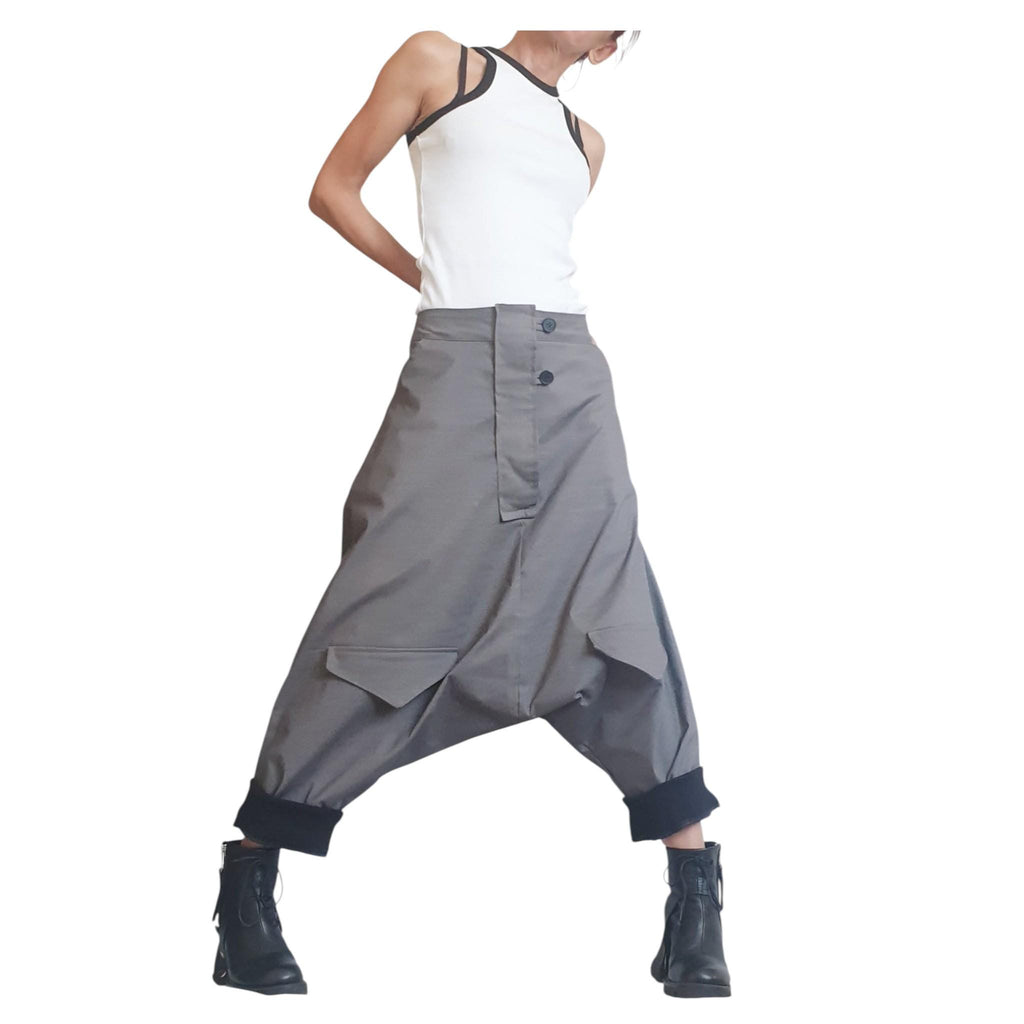 Grey Harem Pants, Drop Crotch, Cargo Flap Pockets, Tapered Ankle
