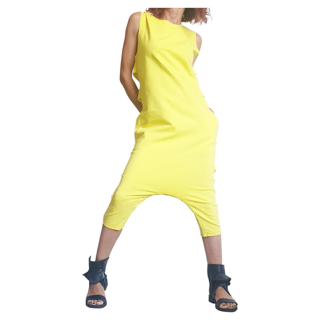 Yellow Asymmetric Jumpsuit, Drop Crotch Overall, Oversized Women Clothing, Loose Fit Outfit