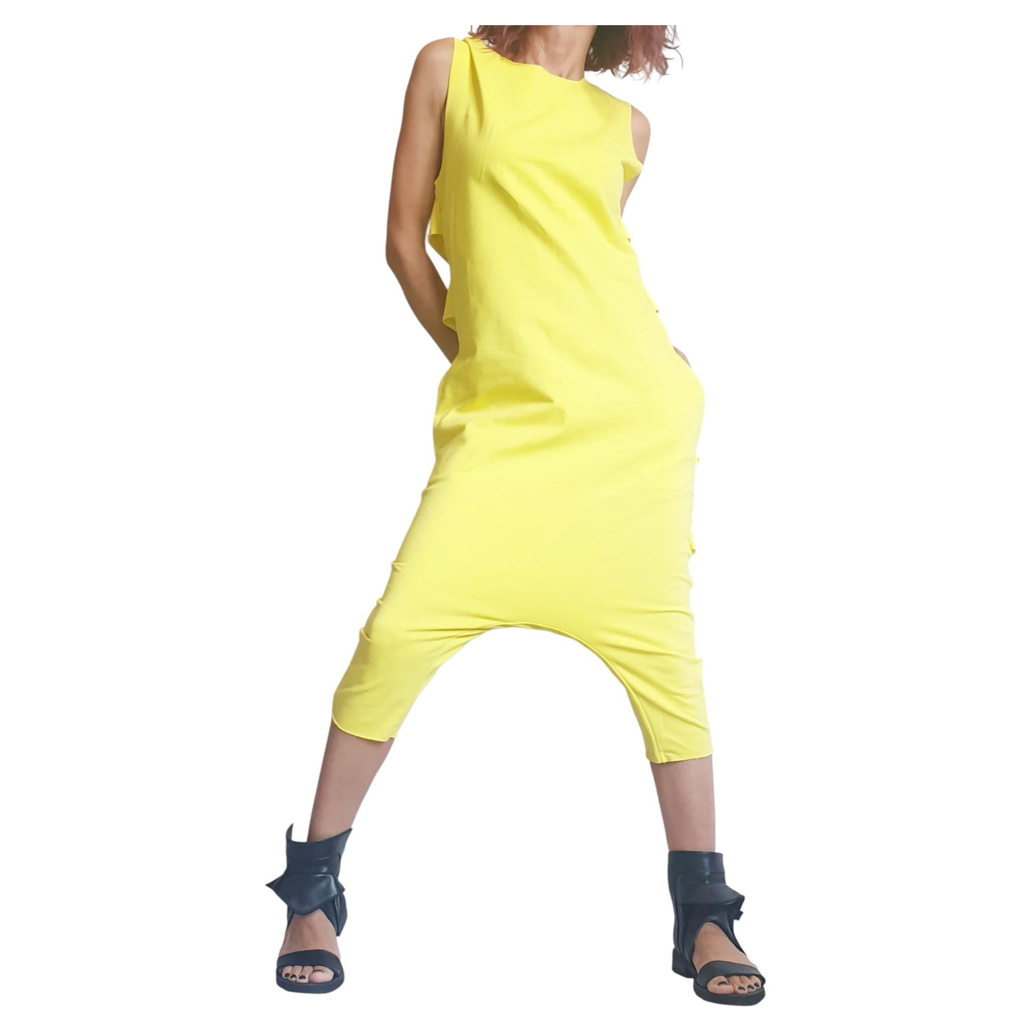 Yellow Asymmetric Jumpsuit, Drop Crotch Overall, Oversized Women Clothing, Loose Fit Outfit