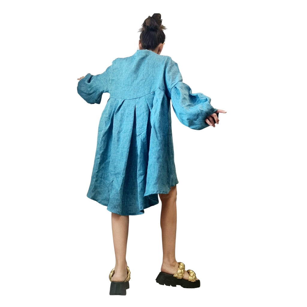 Turquoise Linen Dress for Women, Handmade Clothing, Oversized Asymmetrical Tunic, Balloon Sleeves
