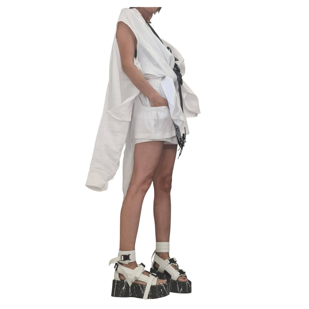 White Linen Avant Garde Women Set, Asymmetric Open Back Shirt, Layered Shorts Skirt