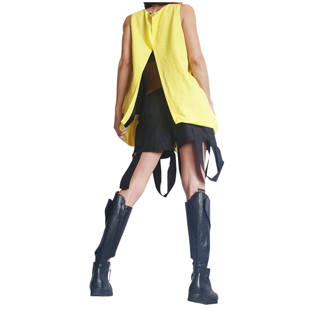Yellow Linen Tunic, Sleeveless Asymmetric Top, Open Back Loose Fit, Oversized