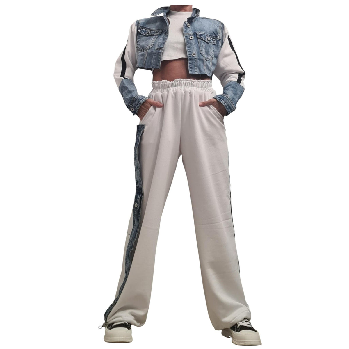 Cotton Denim Jacket and Harem Pants Set, Asymmetrical Design