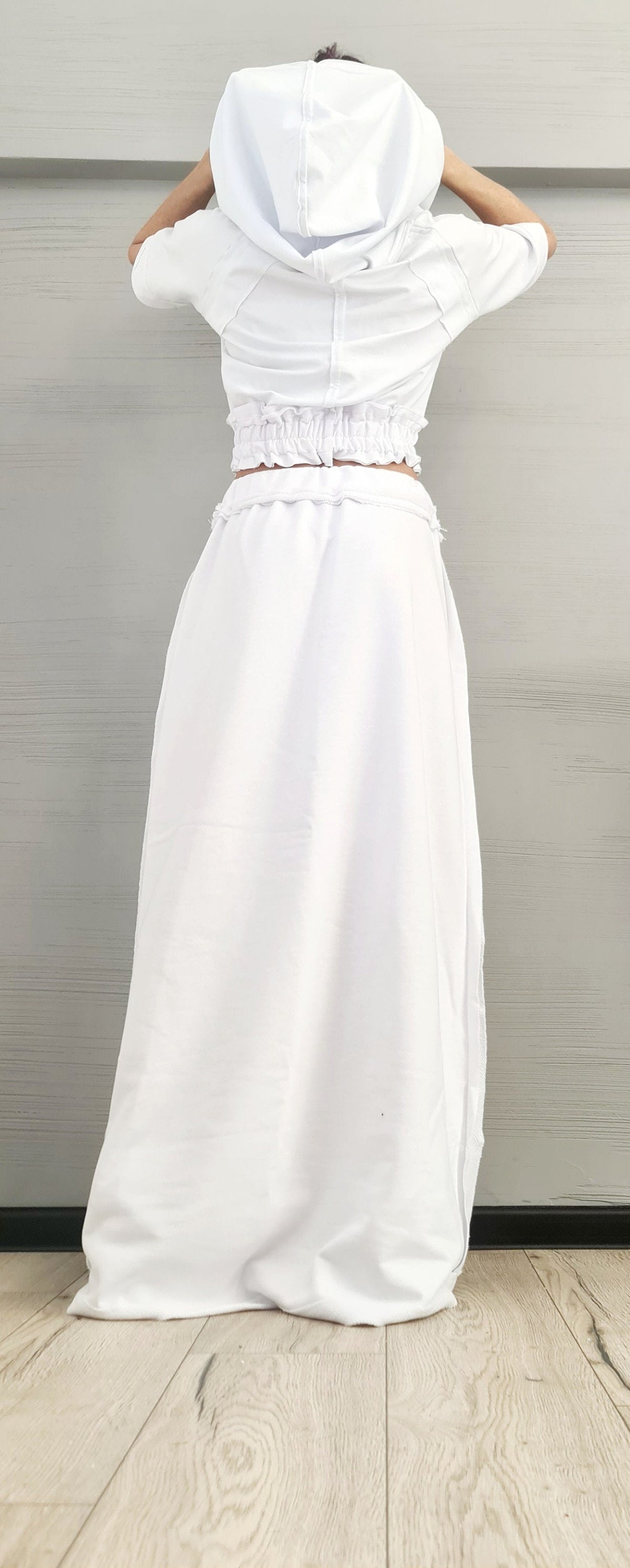 White Cotton Maxi Skirt Hoodie Set, Ruched Trim French Terry Co-Ord