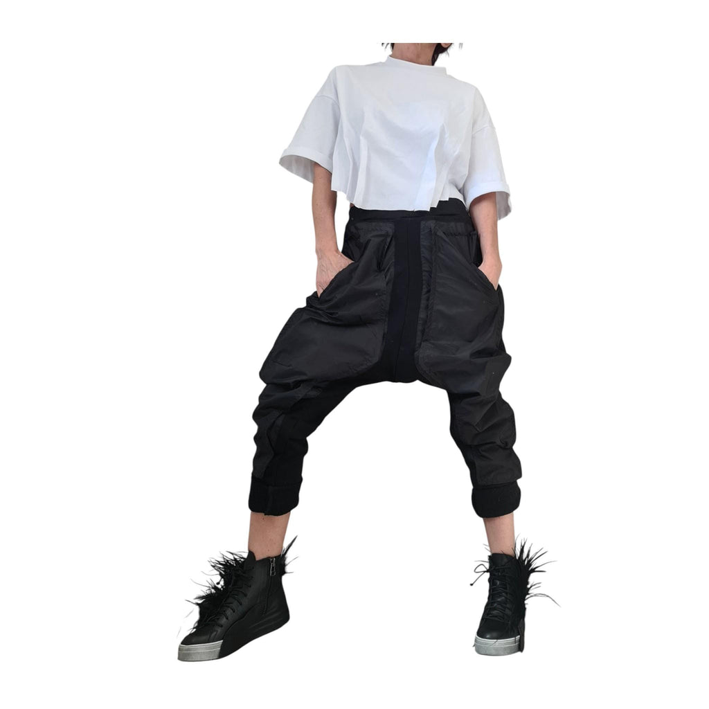 Extravagant Black Cotton Harem Pants, Cargo Trousers, Outer Pockets