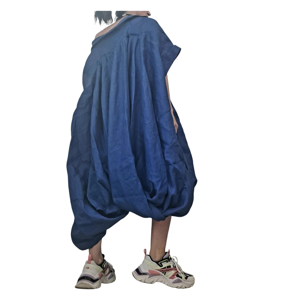 Royal Blue Oversized Linen Dress | Balloon Shape Mid Calf | womens clothing