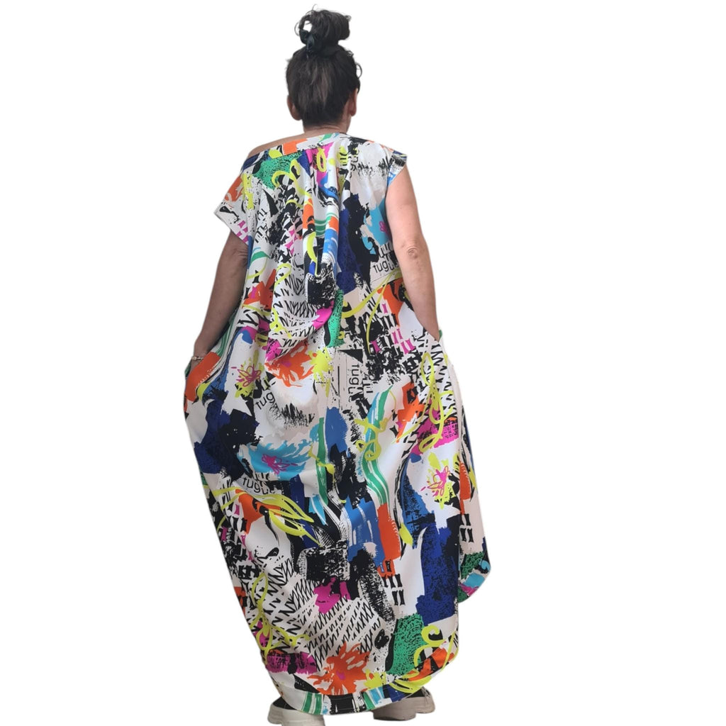 Avant Garde Graffiti Dress Women Asymmetric One Shoulder Oversized Pocket Cotton Dress