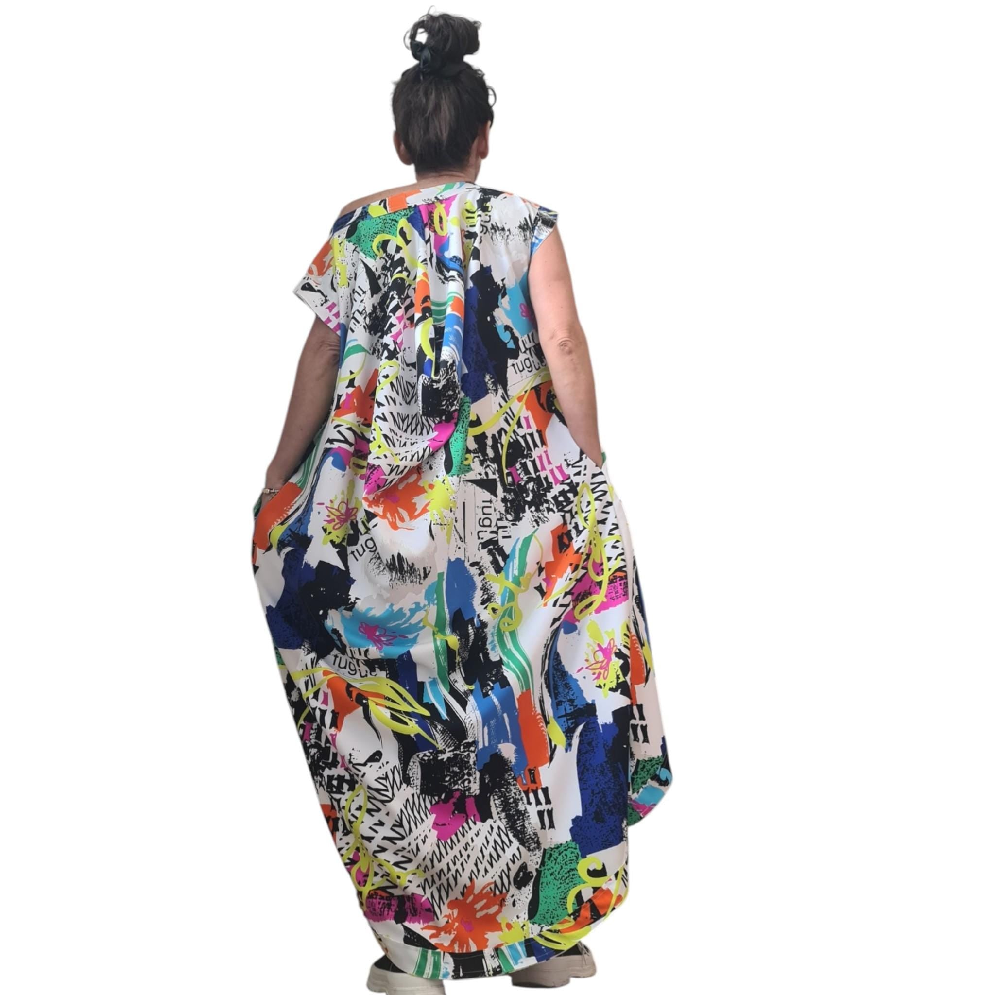 Avant Garde Graffiti Dress Women Asymmetric One Shoulder Oversized Pocket Cotton Dress