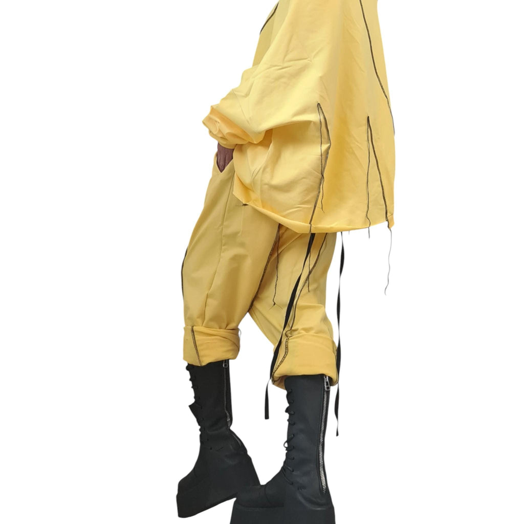Yellow Cotton Two-Piece Set, Asymmetric Blouse, Harem pants, Contrasting seams