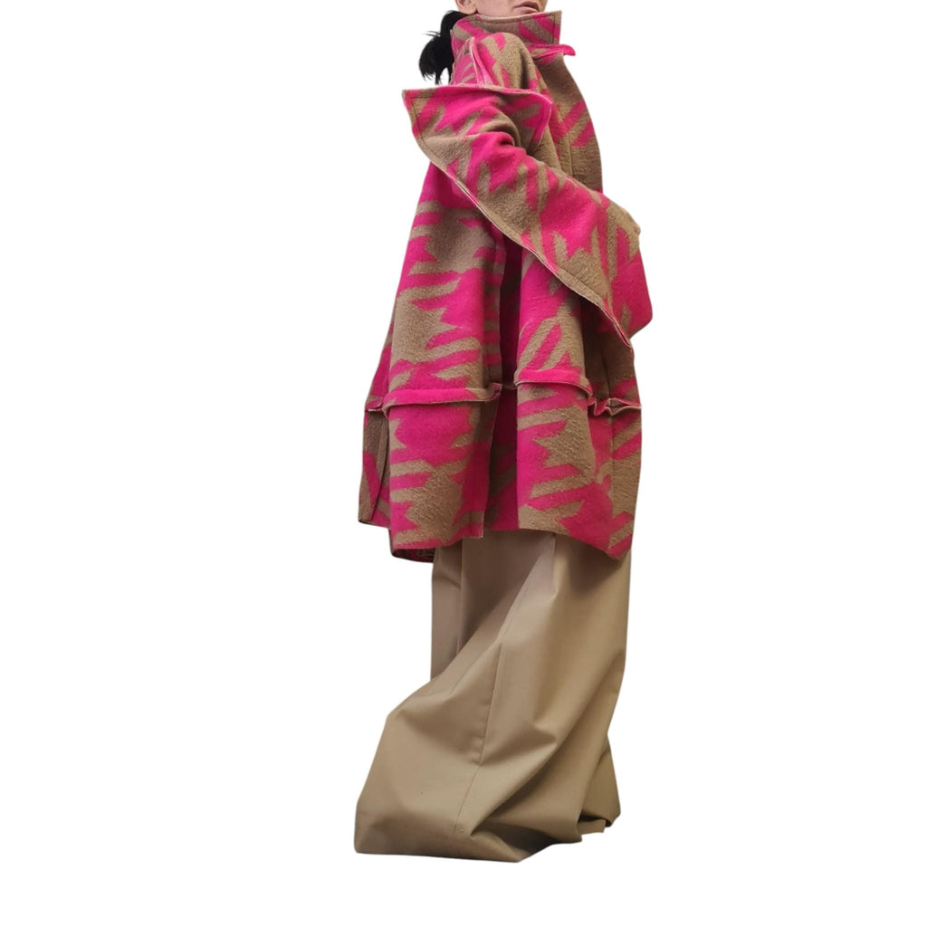 Pink Beige Oversized Wool Blend Coat, Abstract Print High Collar Jacket, Wide Sleeve Outerwear