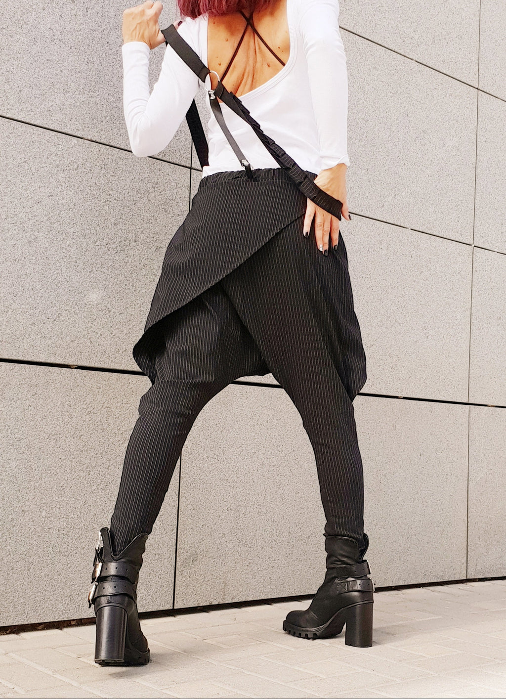 Black Pinstripe Harem Pants, Skirt Overlay, Tapered Leg, Decorative Suspenders