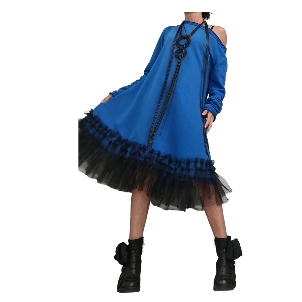 Royal Blue Off Shoulder Dress - Black Tulle Hem, Loose Fit