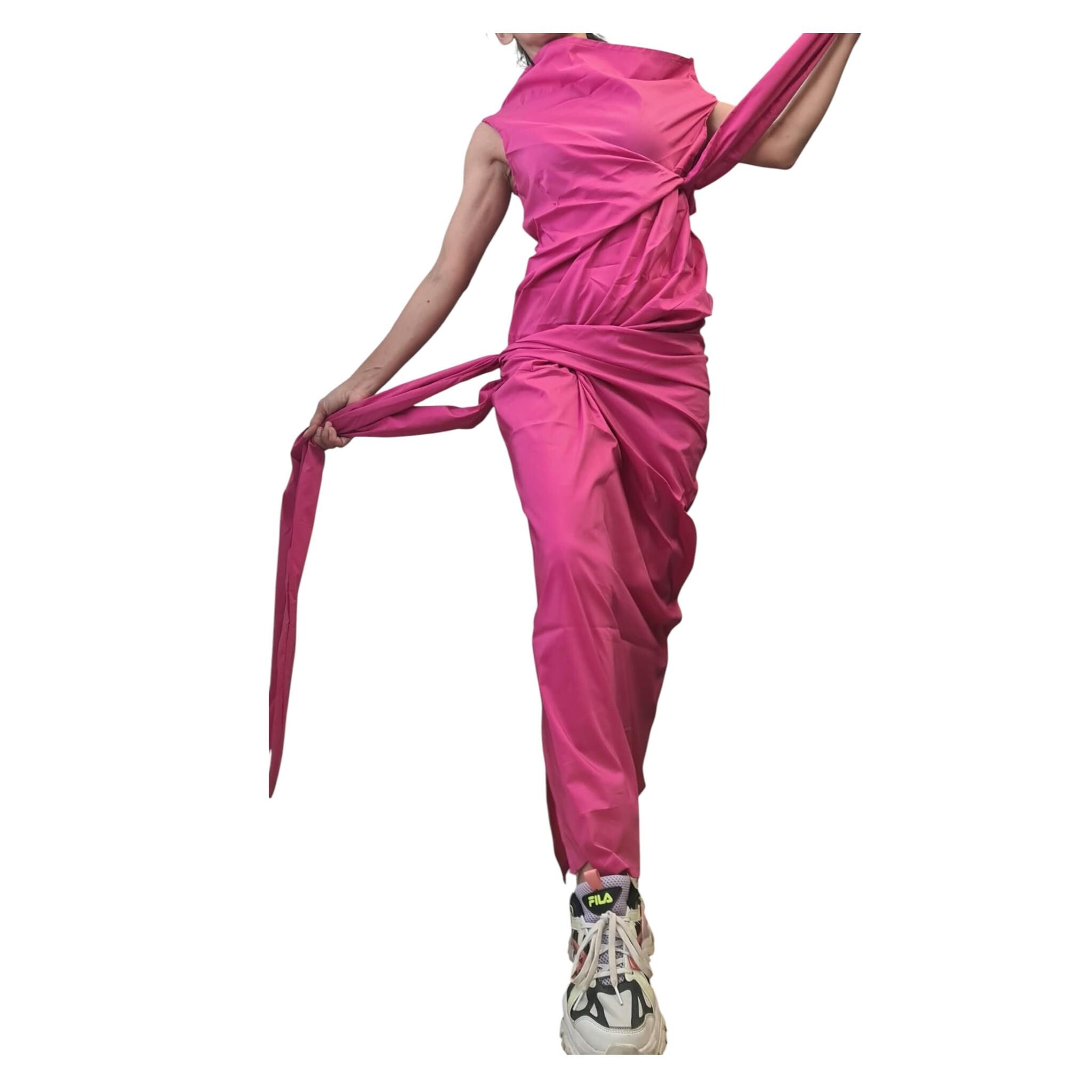 Pink Maxi Dress, One Shoulder Asymmetric, Boho Summer Dress, Kaftan Draped Cotton Outfit